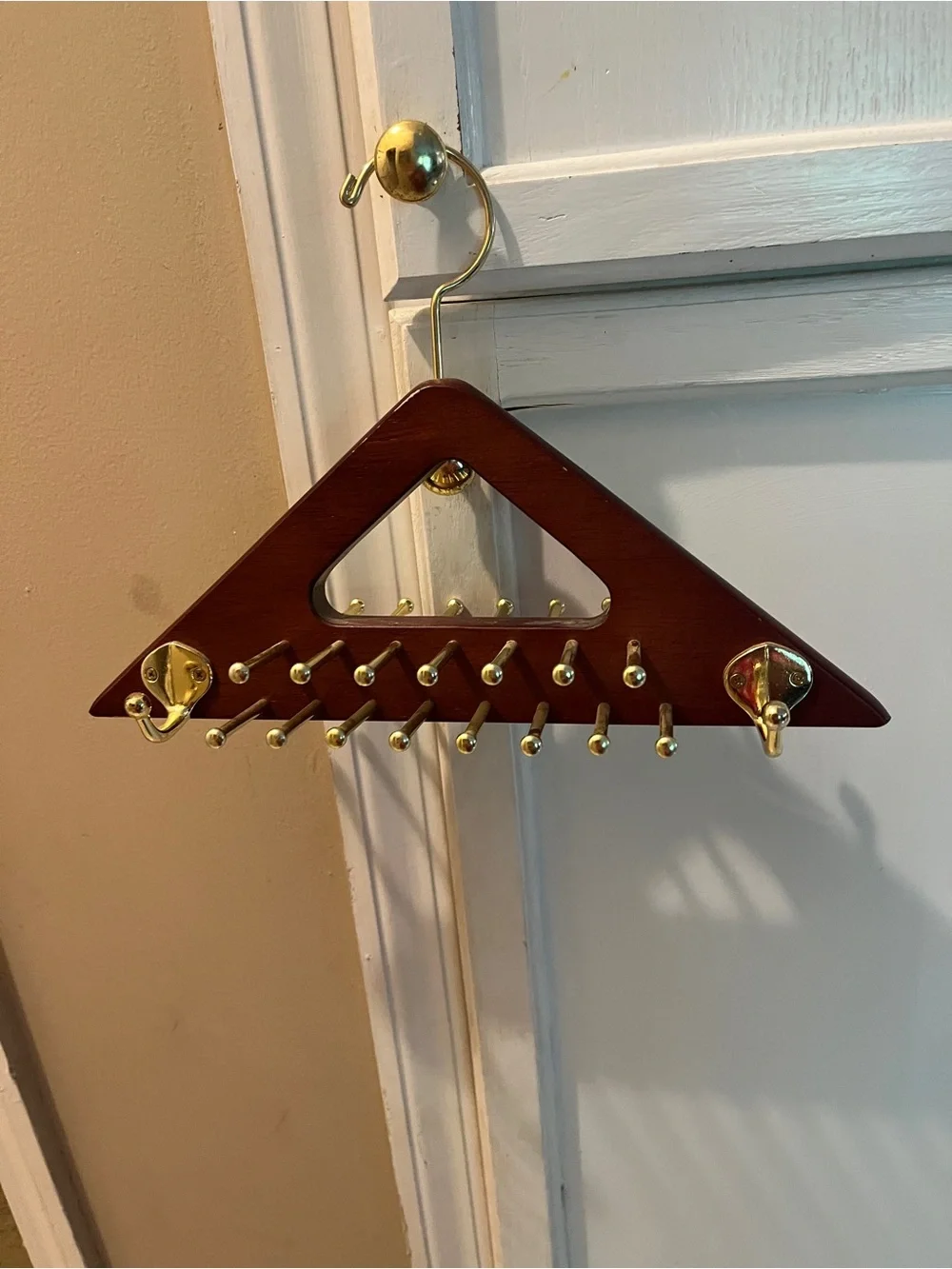 Wooden Wall tie & belt Hanger with Gold Hooks - Brown